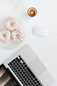 Macbook Laptop, donuts & coffee