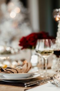 Close-up of the porcelain tableware on the Christmas table