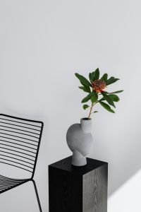 Kaboompics - Black metal chair - flowers - modern vase - pedestal
