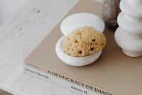 Kaboompics - Marble vase - alabaster - jewelry - gold earrings - natural sea sponge