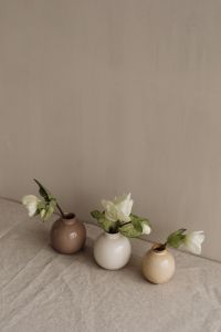 Flowers in small ceramic vases - beige neutral aesthetics