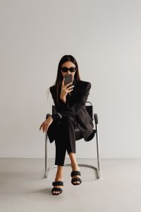 Dark Classy Aesthetic Fashion - Beautiful Asian Female Entrepreneur in Black Suit - Technology and Devices - iPhone - Laptop - AirPods