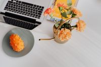 MacBook laptop & orange Dianthus (carnation or clove pink) flowers on desk, kiwano fruit