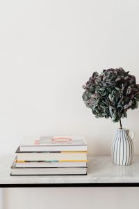 Kaboompics - Books On Marble Table, White Background, Hydrangea