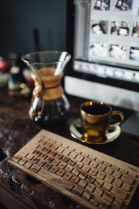 Cup of coffee, Chemex, keyboard, iMac computer