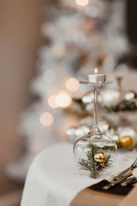 Silver and gold Christmas decorations on the table