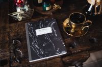 Kaboompics - Notebook, cup of coffee, glasses