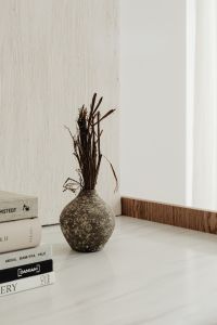Kaboompics - Textured Ceramic Vase with Dried Stems on a Minimal Beige Sideboard