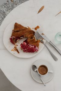 Kaboompics - Overhead Croissant, Espresso and Water Glass on White Table