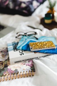 Work from Bed Home Office Lifestyle with Laptop, Planners, Coffee and Gold Accessories