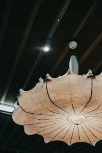Kaboompics - Vertical Close-Up of a Cream Scalloped Pendant Lamp with a Radial Ribbed Shade
