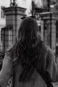 Kaboompics - Black and White Rear View Portrait of Woman with Long Wavy Hair