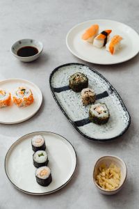 Kaboompics - Salmon Nigiri and Maki Sushi with Soy Sauce, Overhead View