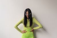 Kaboompics - Woman Posing in a Lime Green Dress and Sunglasses