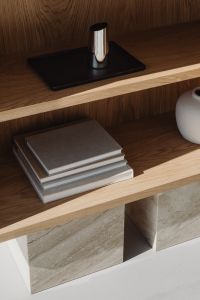 Kaboompics - Oak shelf with notebooks and metal vase