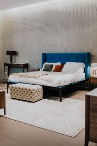 Kaboompics - Blue Upholstered Bed and Tufted Bench in Modern Bedroom Interior