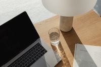 Kaboompics - Overhead Home Office Flat Lay with Laptop, Magazine and Water Glass