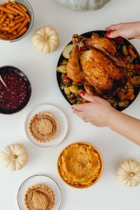 Kaboompics - Overhead Thanksgiving Feast with Turkey, Pie and Cranberry Sauce