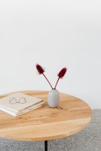Kaboompics - Dried Red Flower Heads in a Small Vase on a Wooden Desk, Minimalist Home Office Still Life