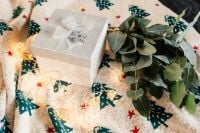 Kaboompics - White Gift Box with Snowflake Ribbon, Eucalyptus and Fairy Lights