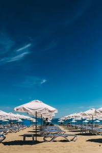 Umbrellas and lounge chairs on Sunny Beach, Bulgaria