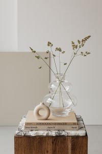 Kaboompics - Glass Vase with Dried Stems and Ceramic Ring Decor on Art Books