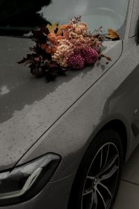 Kaboompics - Autumn Flower Bouquet on a Rainy Black Car