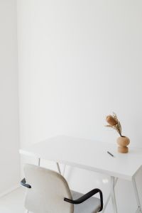 Kaboompics - Minimal White Home Office Desk with Dried Flowers and Copy Space