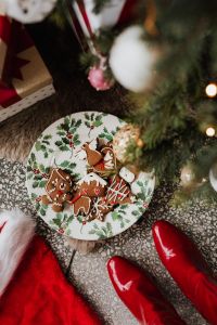 Kaboompics - Christmas Gingerbread Plate with Red Boots and Tree Branches