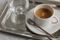 Kaboompics - Coffee Cup and Water Glass on Silver Tray