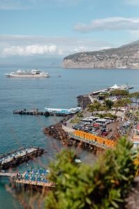 Kaboompics - Sorrento Bay Seen Through Pink Flowers With Cruise Ship And Beach Huts
