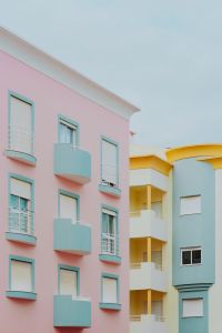 Pastel pink & light blue building, Lagos, Portugal