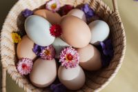 Kaboompics - Close-Up of Easter Eggs and Pink Zinnias in a Woven Basket for Seasonal Styling