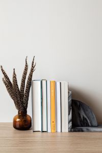 Kaboompics - Neutral Bookshelf Still Life with Feathers, Books and Marble Decor