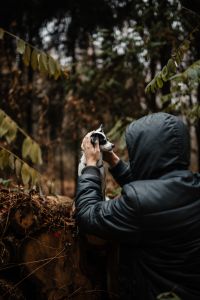 Kaboompics - A man in a hooded jacket petting a small white dog