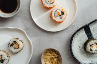 Kaboompics - Overhead Japanese Sushi Spread with Soy Sauce and Pickled Ginger