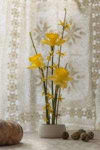 Kaboompics - Yellow Spring Flowers with Easter Eggs and Bread