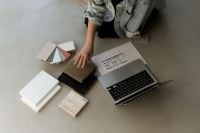 Kaboompics - Interior Design Moodboard with Laptop, Floor Plan and Neutral Color Swatches
