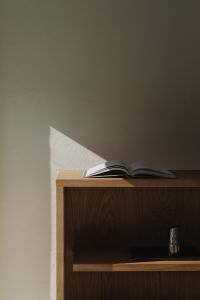 Kaboompics - Open book on oak bookshelf with silver decorative object