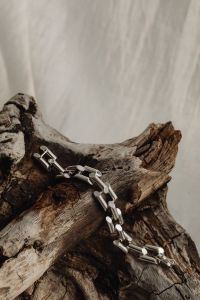 Kaboompics - Geometric Silver Link Bracelet on Driftwood with Copy Space
