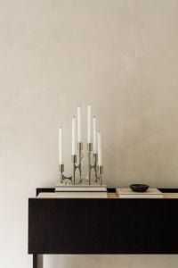 Kaboompics - Black Console with Travertine Top, White Candlesticks and Bowl