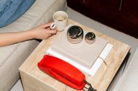 Kaboompics - Minimal Side Table With Coffee Cup Books And Retro Red Phone
