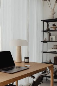 Kaboompics - Minimal Home Office Shelving and Travertine Lamp by Window