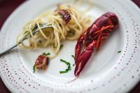 Kaboompics - Seafood Pasta with Crayfish and Octopus on Patterned Dinner Plate