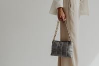 Kaboompics - Gray Quilted Shoulder Bag with Silver Chain on an Ivory Outfit, Fashion Accessory