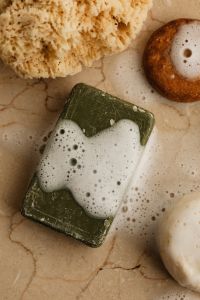 Kaboompics - Green Soap Bar with Foam and Natural Sea Sponges