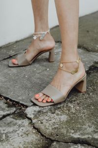 Kaboompics - Taupe Block-Heel Sandals with Layered Gold and Silver Anklets