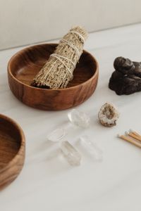 Kaboompics - Sage Smudging Bowl With Buddha And Crystal Details