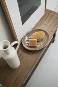 Kaboompics - Top View of Wooden Bench with Ceramic Vase and Soap