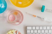 Kaboompics - Colorful Laboratory Flasks and Tablets Flat Lay
